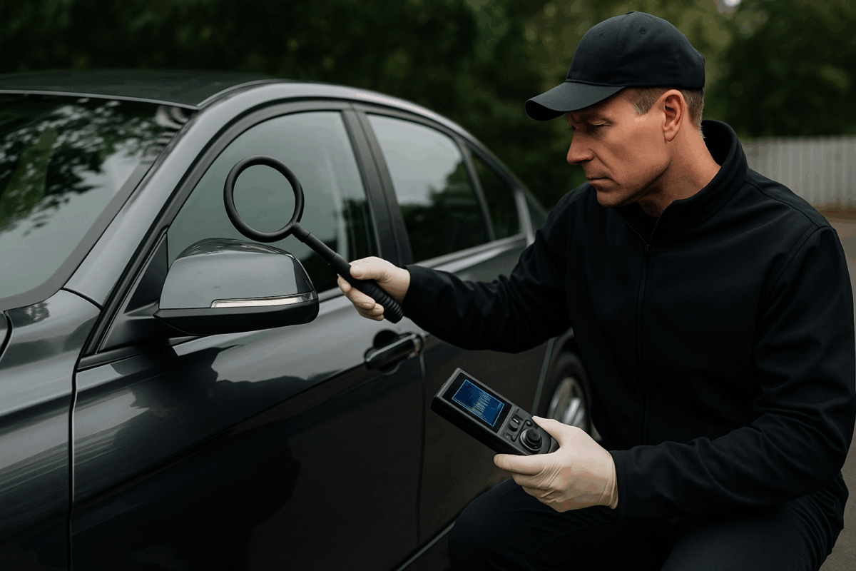 Technician performing a car bug sweep using a handheld detection tool to scan for hidden GPS trackers or Bluetooth tags on a car.