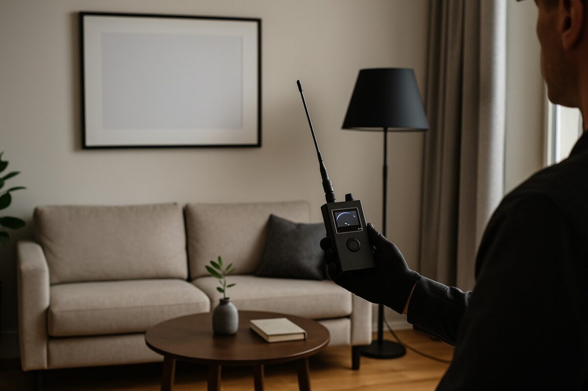 Contemporary lounge or reception space used in bug sweeping services to detect hidden cameras, microphones, and covert surveillance devices in home or office environments.