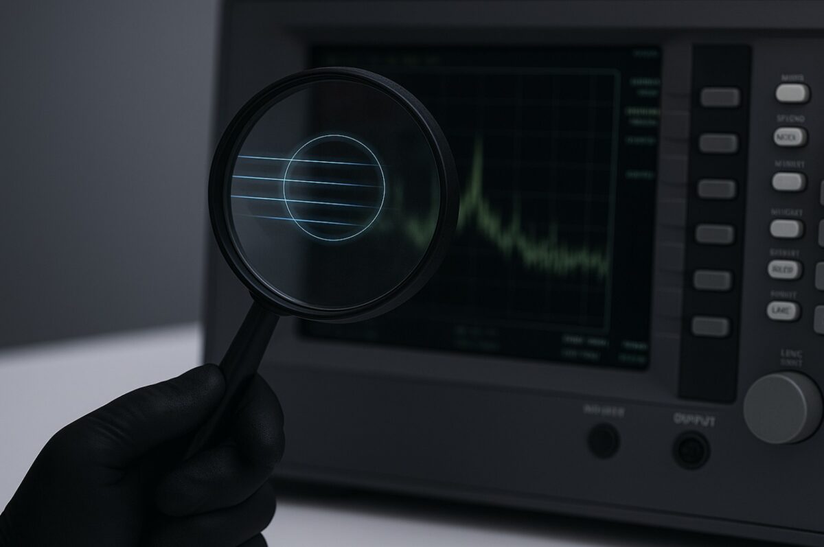 Gloved hand operating a professional RF bug detection tool on a table, representing advanced TSCM services for vehicle, home, and office surveillance sweeps.